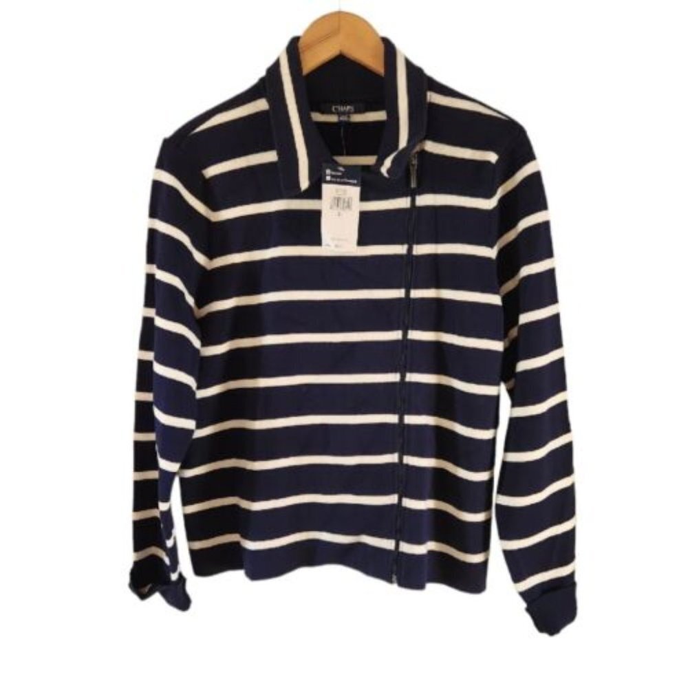 Chaps Blue White Stripe Side Full Zip Sweater Nautical City Park Women XL NEW